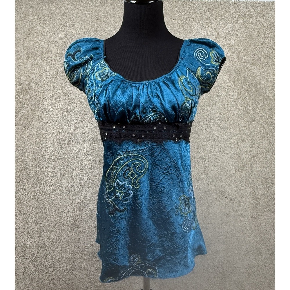 HeartSoul Y2K Satin Teal Medium Crinkle Satin Whimsigoth Babydoll Top Fit Flare